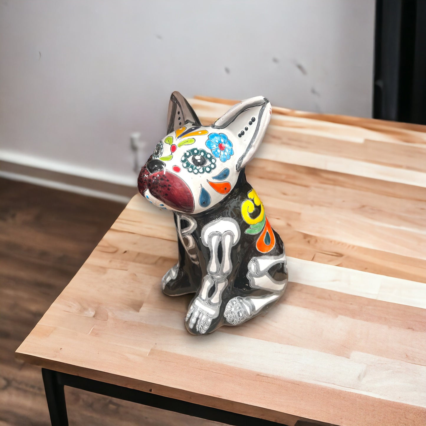 Handcrafted Talavera French Bulldog Statue | Vibrant Day of the Dead Decor (Medium)