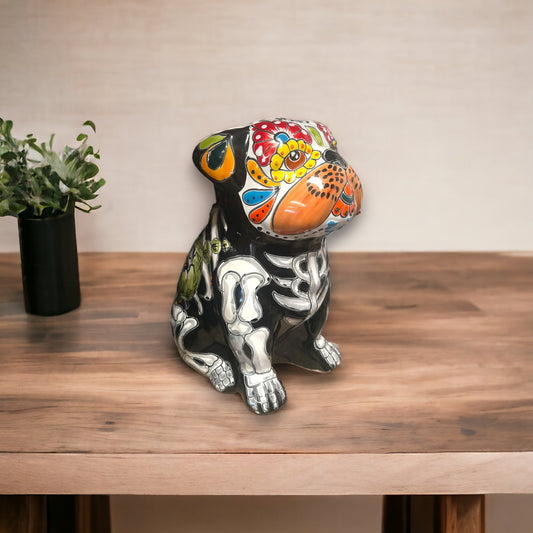 Handmade Talavera Pug Figurine | Colorful Day of the Dead Decor (Medium)