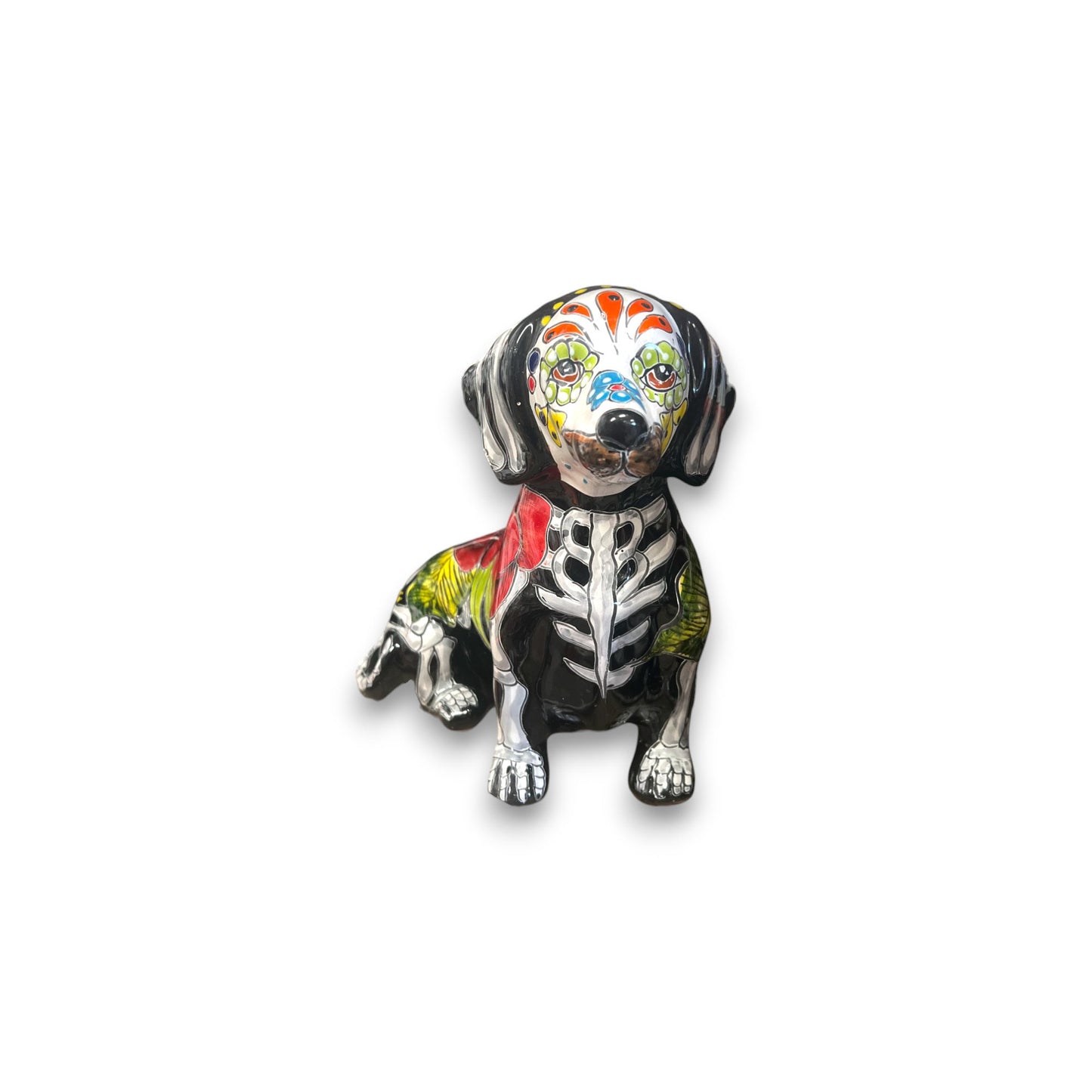 Colorful Talavera Dachshund Statue | Day of the Dead Ceramic Art (Medium)