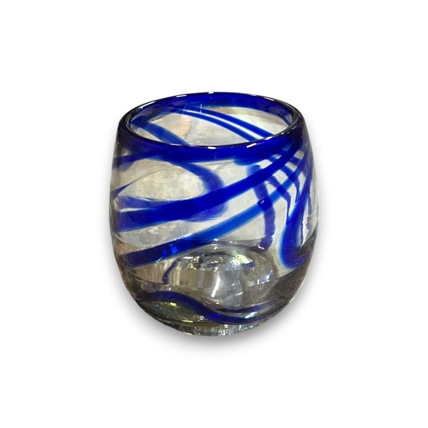 Hand Blown Stemless Wine Glass | Beautiful Blue Swirl Design