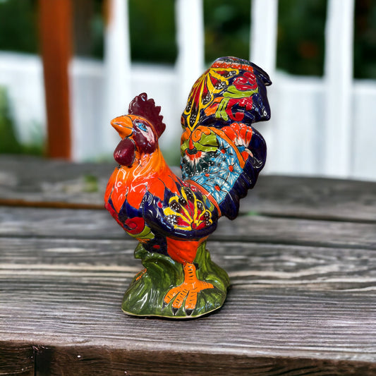 Vibrant Handmade Talavera Rooster Statue | Painted Mexican Chicken Sculpture (Large Size)