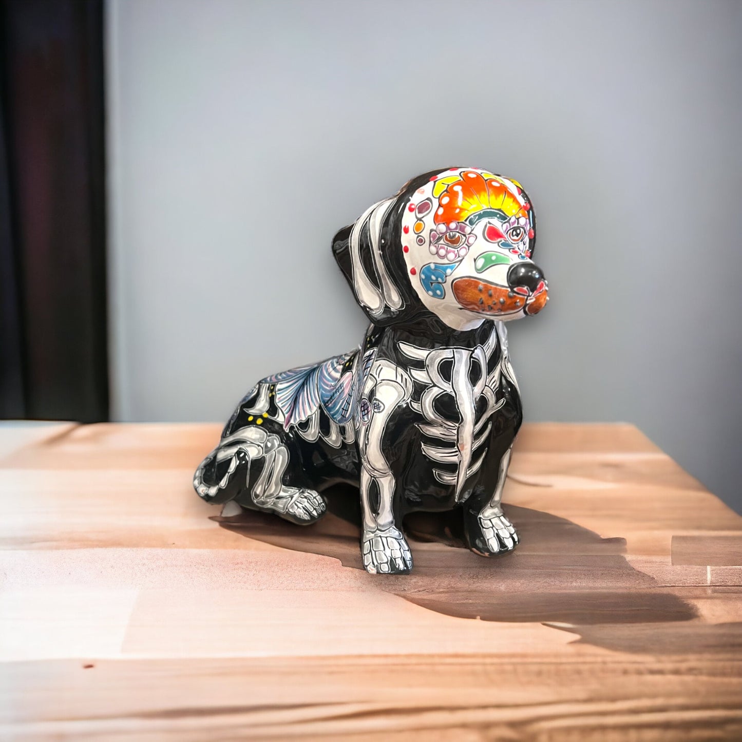 Colorful Talavera Dachshund Statue | Day of the Dead Ceramic Art (Medium)