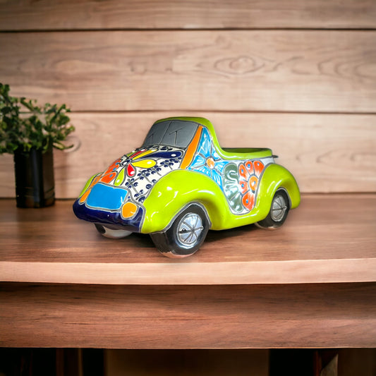 Colorful Hand-Painted Talavera Car Planter | Small Ceramic Car Statue