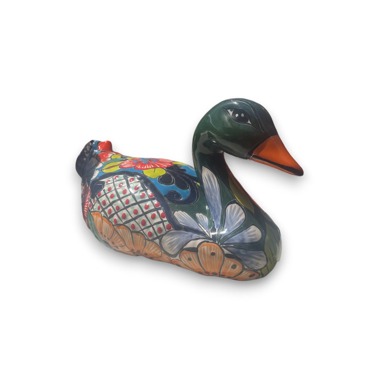 Hand-Painted Colorful Talavera Duck Statue | Mexican Folk Art Decor