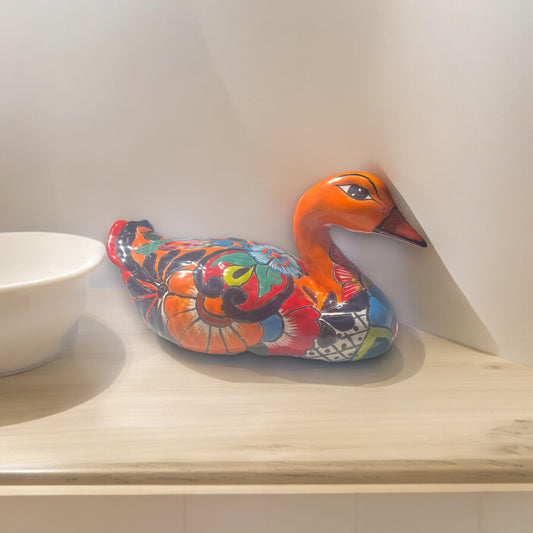 Hand-Painted Colorful Talavera Duck Statue | Mexican Folk Art Decor