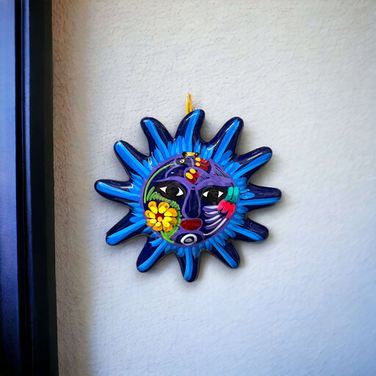 Hand-Painted Guerrero Sun Wall Art | Mexican Folk Decor - hand-painted blue Talavera sun with floral face, kiln-fired in Guanajuato