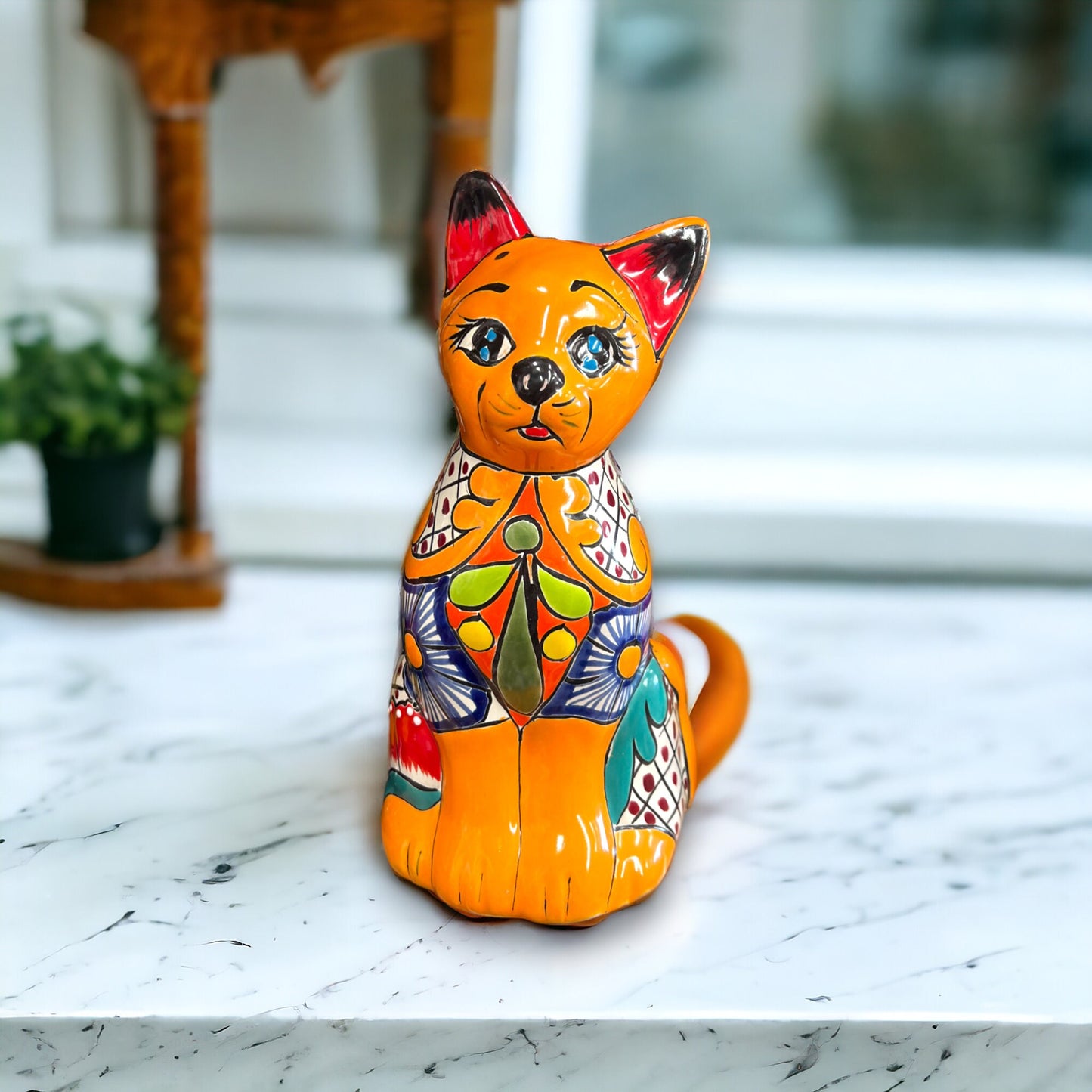 Colorful Hand-Painted Talavera Cat Statue | Medium Mexican Folk Art Decor