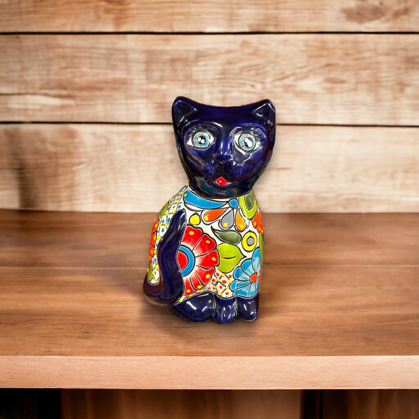 Hand-Painted Talavera Cat Statue | Medium Mexican Folk Art