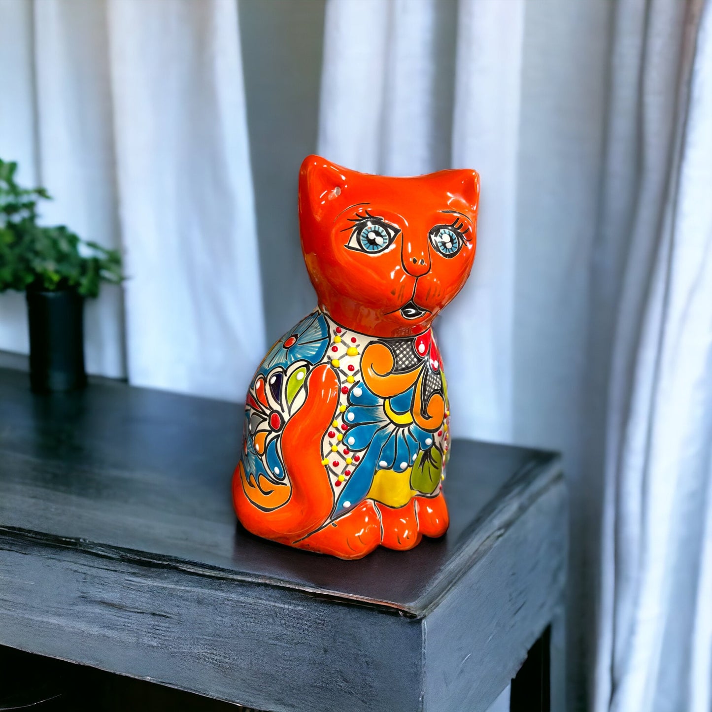 Hand-Painted Talavera Cat Statue | Medium Mexican Folk Art