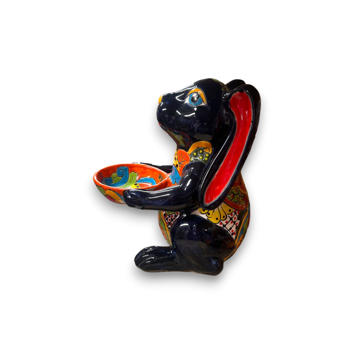 Vibrant Handcrafted Talavera Bunny Statue | Mexican Folk Art Feeder