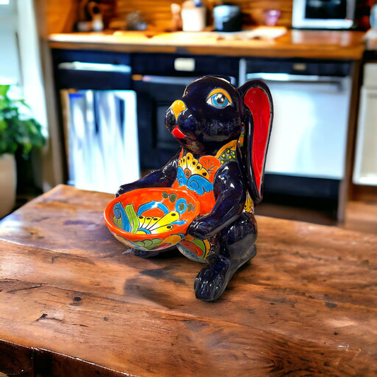 Vibrant Handcrafted Talavera Bunny Statue | Mexican Folk Art Feeder