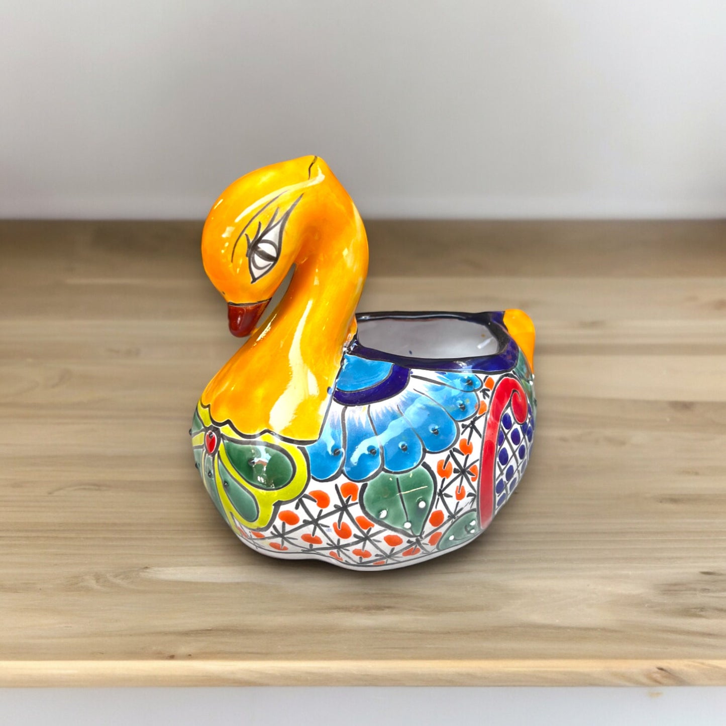 Colorful Talavera Swan Planter | Hand-Painted Mexican Pottery (Medium Size)