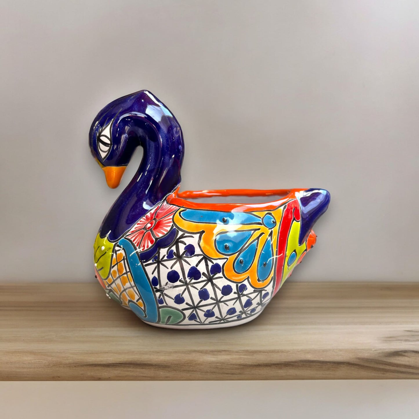 Colorful Talavera Swan Planter | Hand-Painted Mexican Pottery (Medium Size)