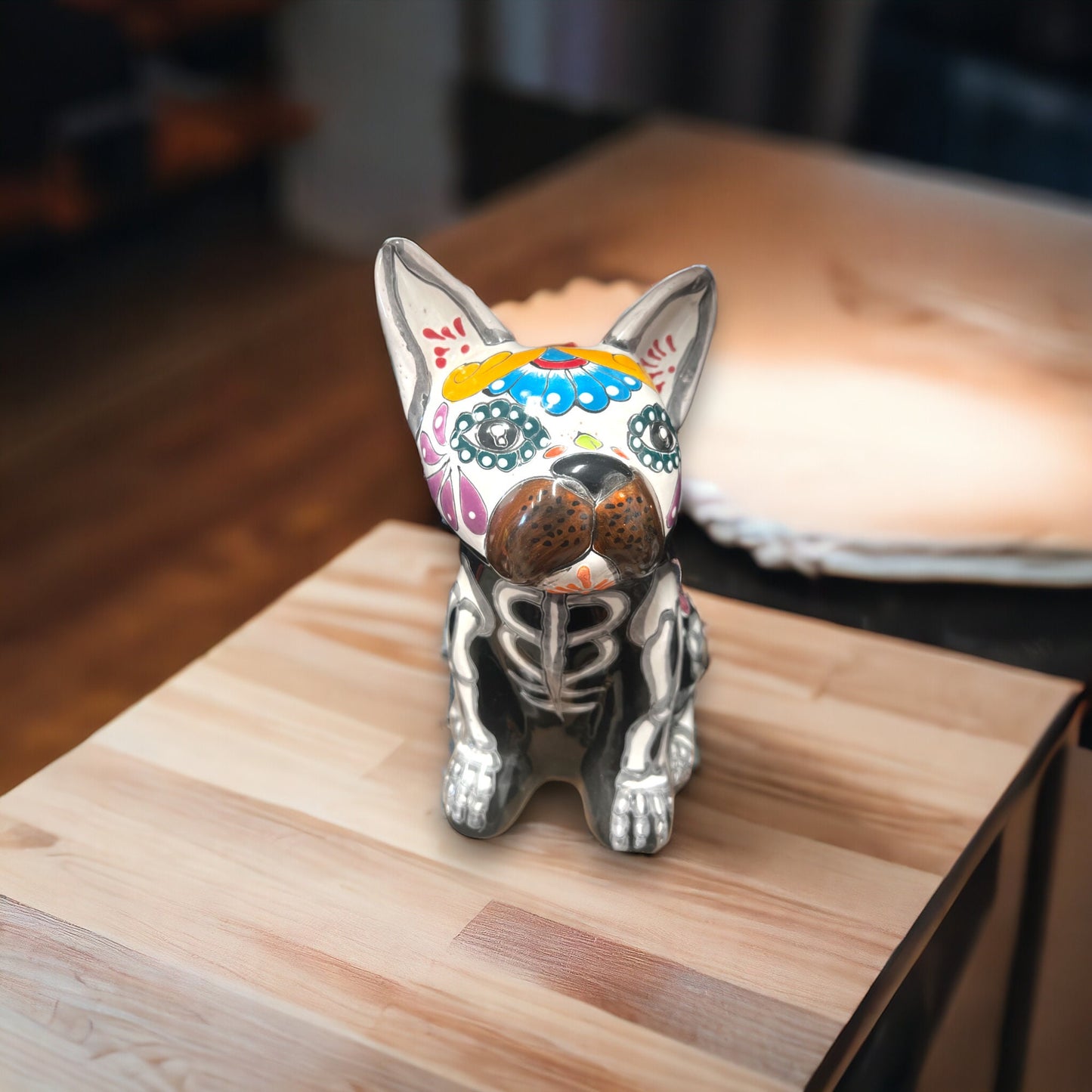 Handcrafted Talavera French Bulldog Statue | Vibrant Day of the Dead Decor (Medium)