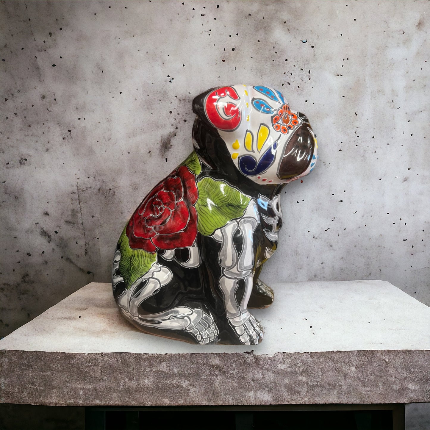 Handmade Talavera Pug Figurine | Colorful Day of the Dead Decor (Medium)