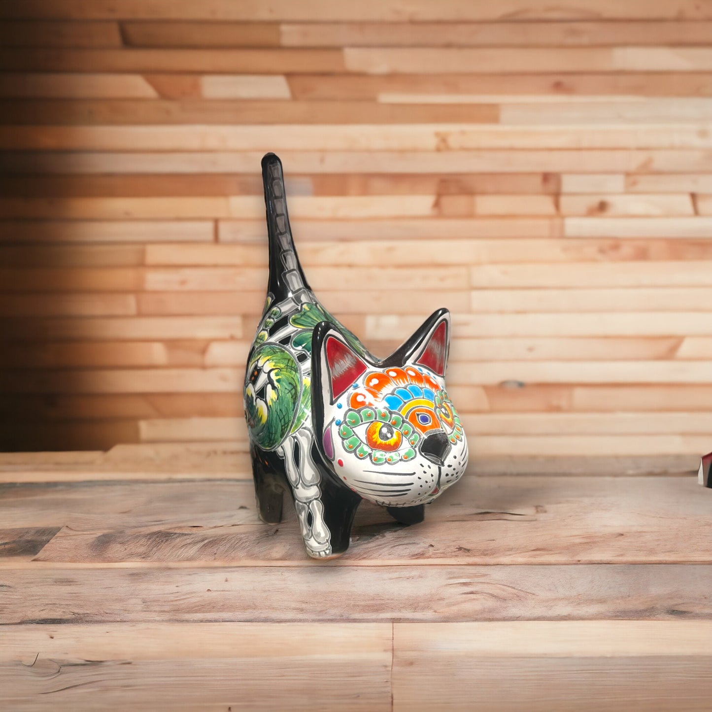 Vibrant Talavera Cat Statue | Day of the Dead Decor | Hand-Painted Mexican Art (Small)