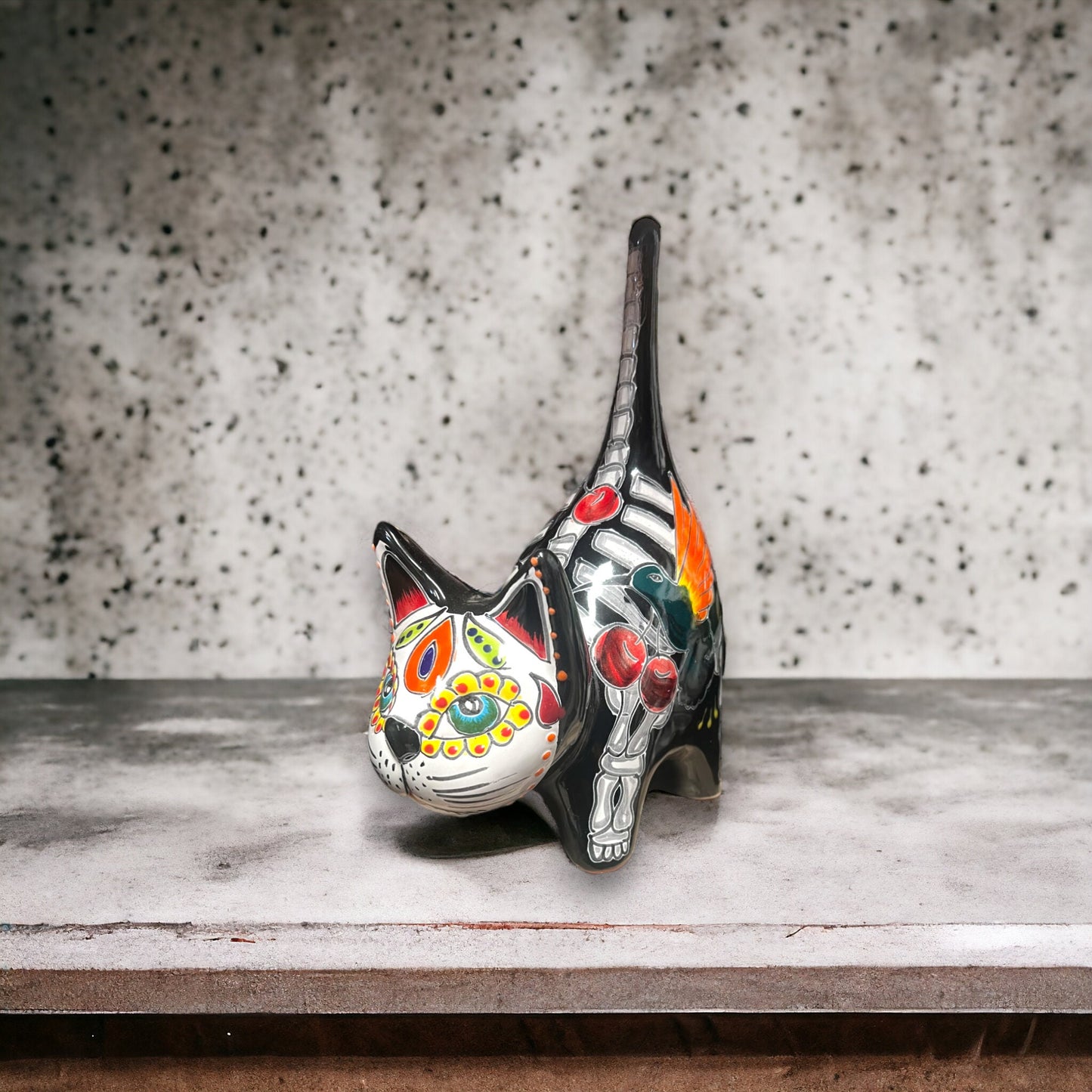 Vibrant Talavera Cat Statue | Day of the Dead Decor | Hand-Painted Mexican Art (Small)