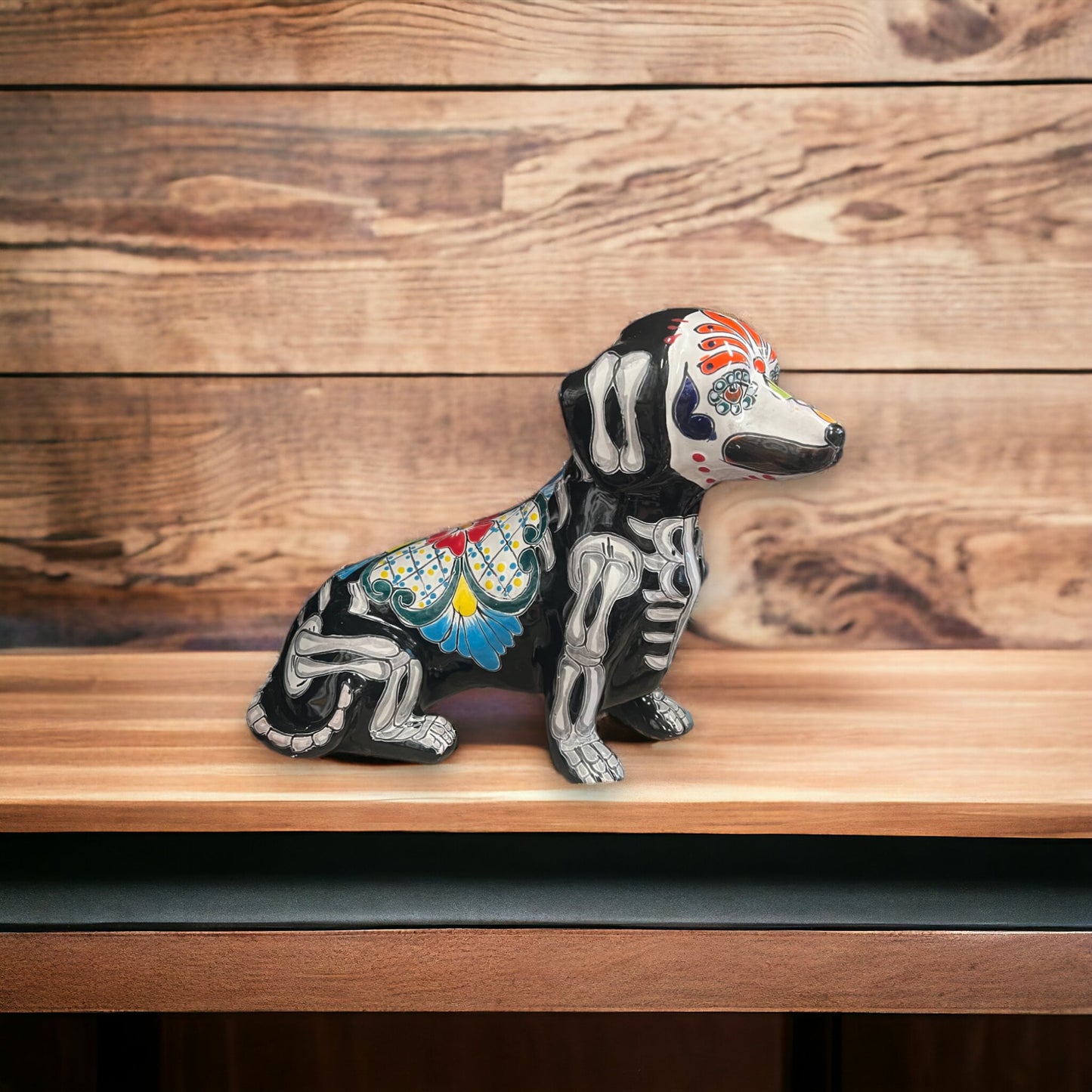 Colorful Talavera Dachshund Statue | Day of the Dead Ceramic Art (Medium)