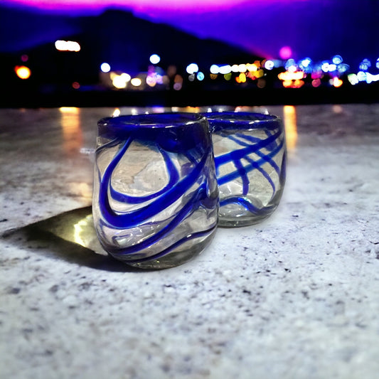 Hand Blown Stemless Wine Glass | Beautiful Blue Swirl Design