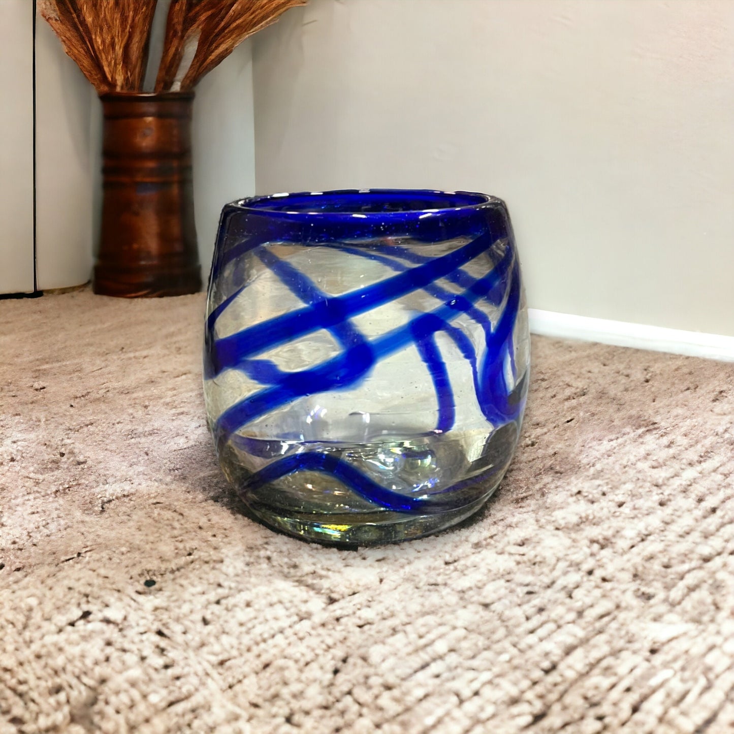 Hand Blown Stemless Wine Glass | Beautiful Blue Swirl Design