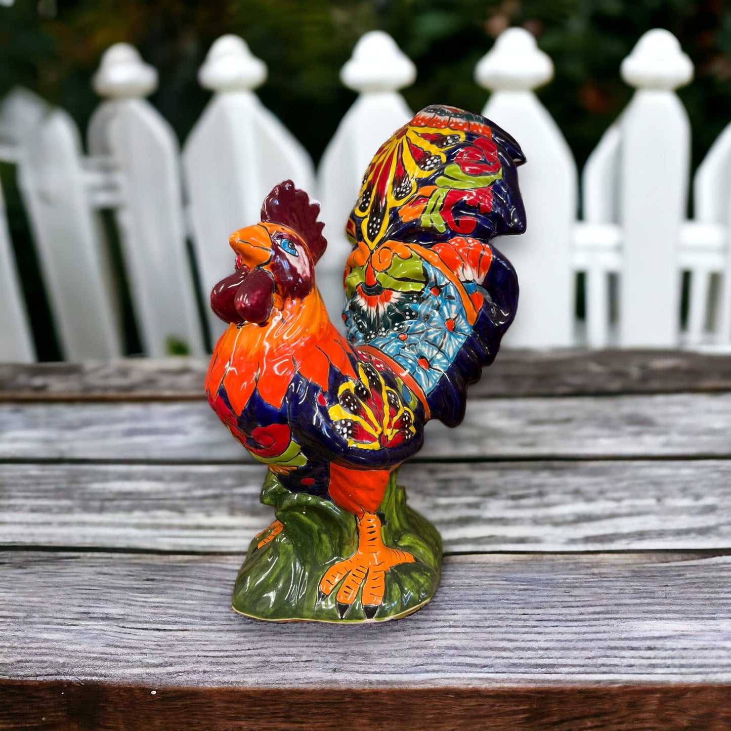 Vibrant Talavera Rooster Statue | Hand-Painted Chicken Decor