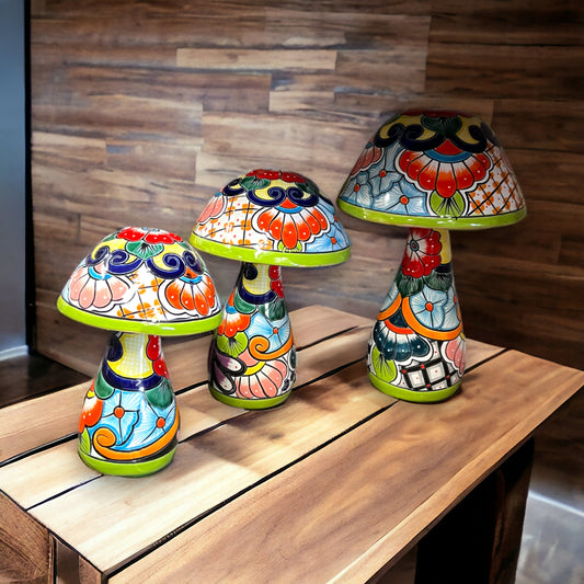 Set of 3 Talavera Mushrooms | Colorful Hand-Painted Mexican Statues