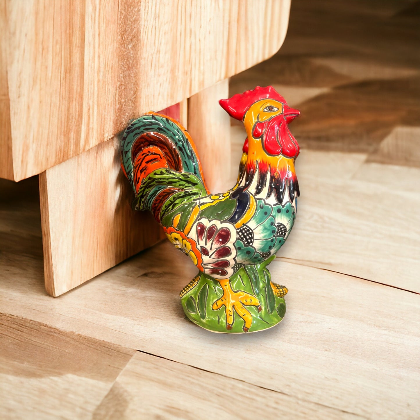 Handmade Talavera Rooster Statue | Authentic Mexican Chicken Artwork (Medium)