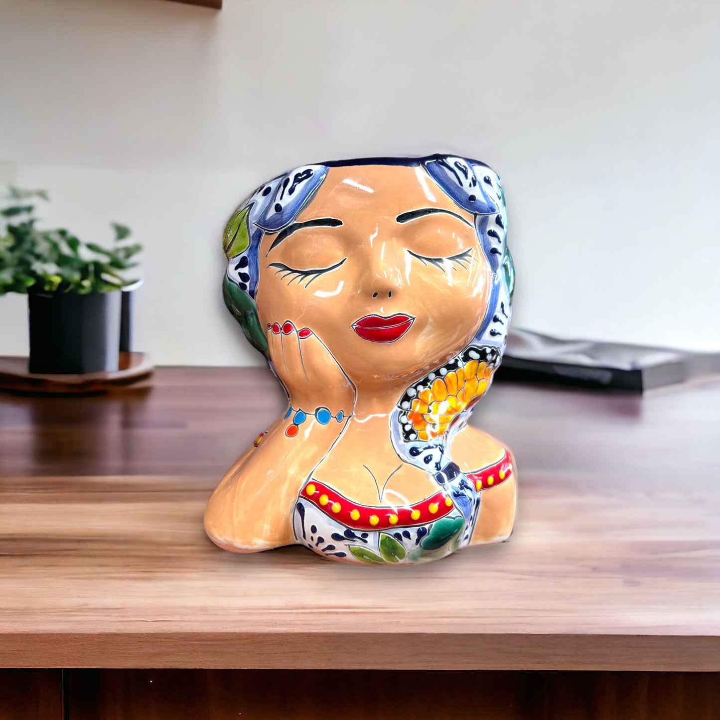 Hand-Painted Talavera Ceramic Lady Planter | Mexican Artwork Décor