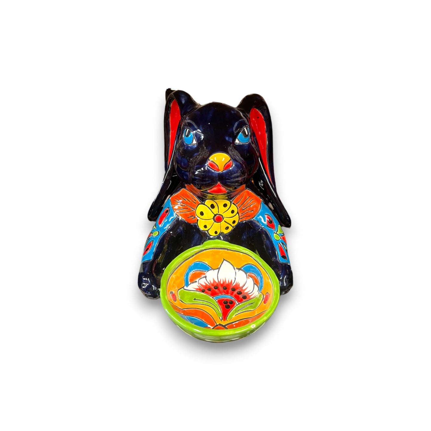 Vibrant Handcrafted Talavera Bunny Statue | Mexican Folk Art Feeder