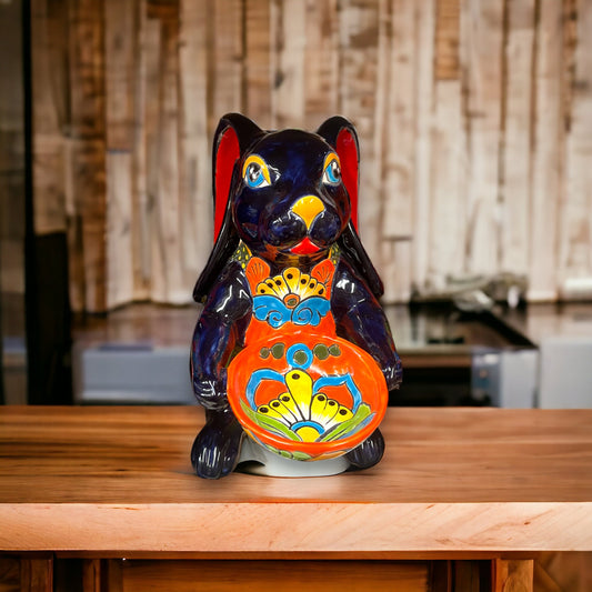 Vibrant Handcrafted Talavera Bunny Statue | Mexican Folk Art Feeder