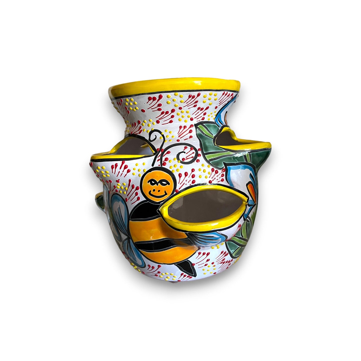 Artisan Hand-Painted Talavera Strawberry Planter with Bumble Bee Design