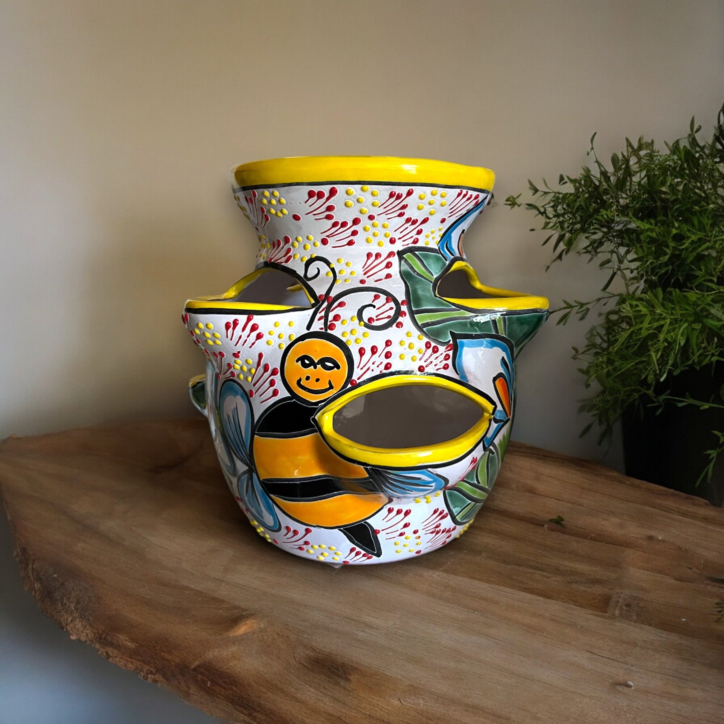 Artisan Hand-Painted Talavera Strawberry Planter with Bumble Bee Design