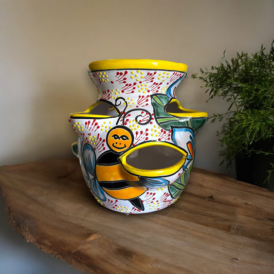 Artisan Hand-Painted Talavera Strawberry Planter with Bumble Bee Design