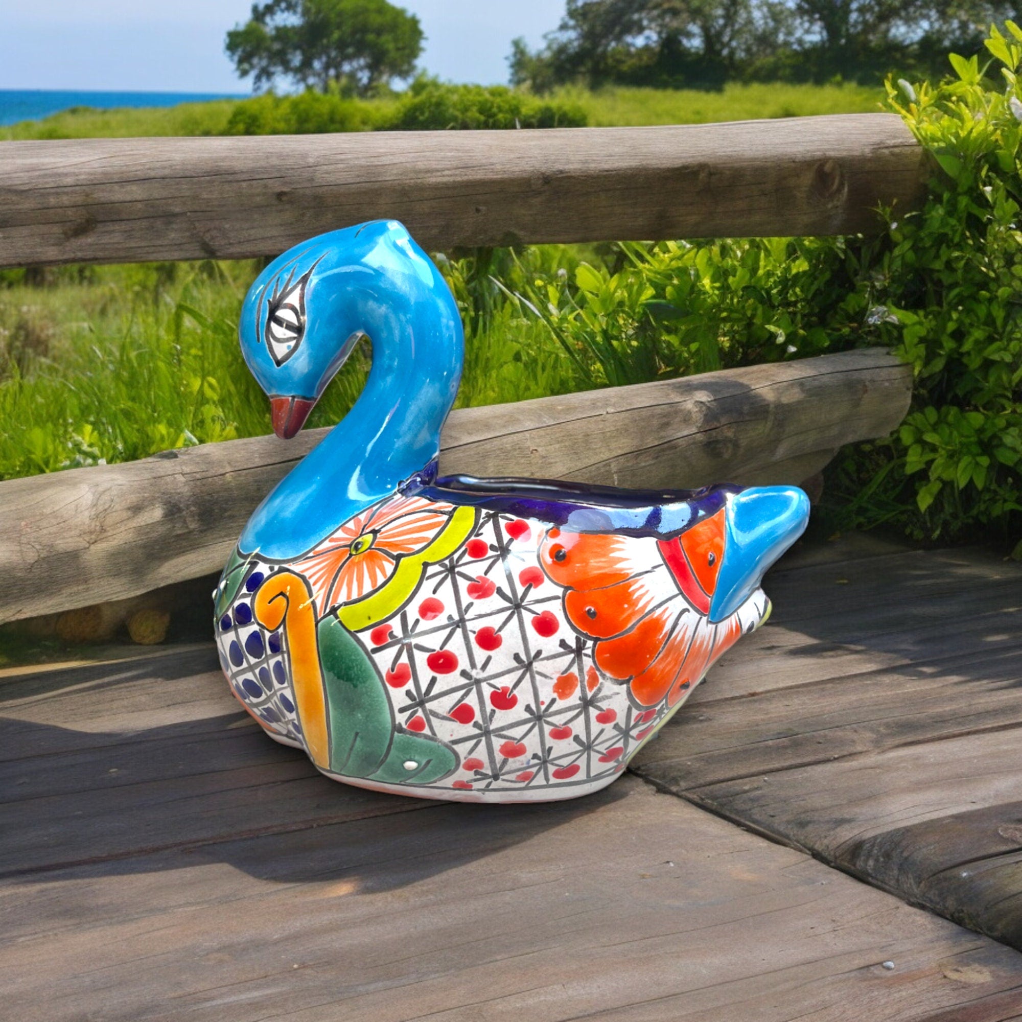 Talavera Swan Planter Pot top Mexican Pottery Indoor Outdoor Home Decor Hand Painted Handmade