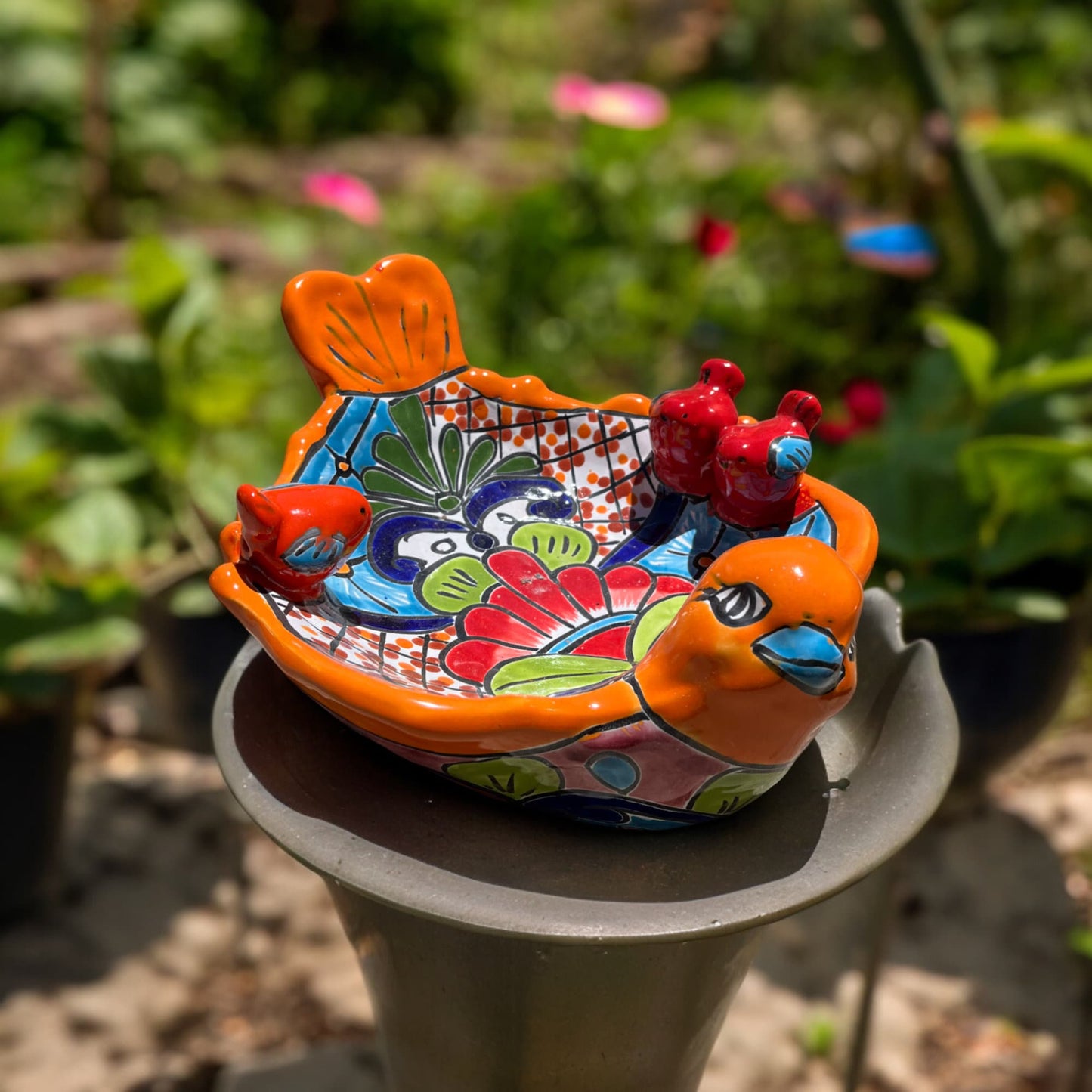 Colorful Talavera Bird Bath | Handcrafted Mexican Pottery Design