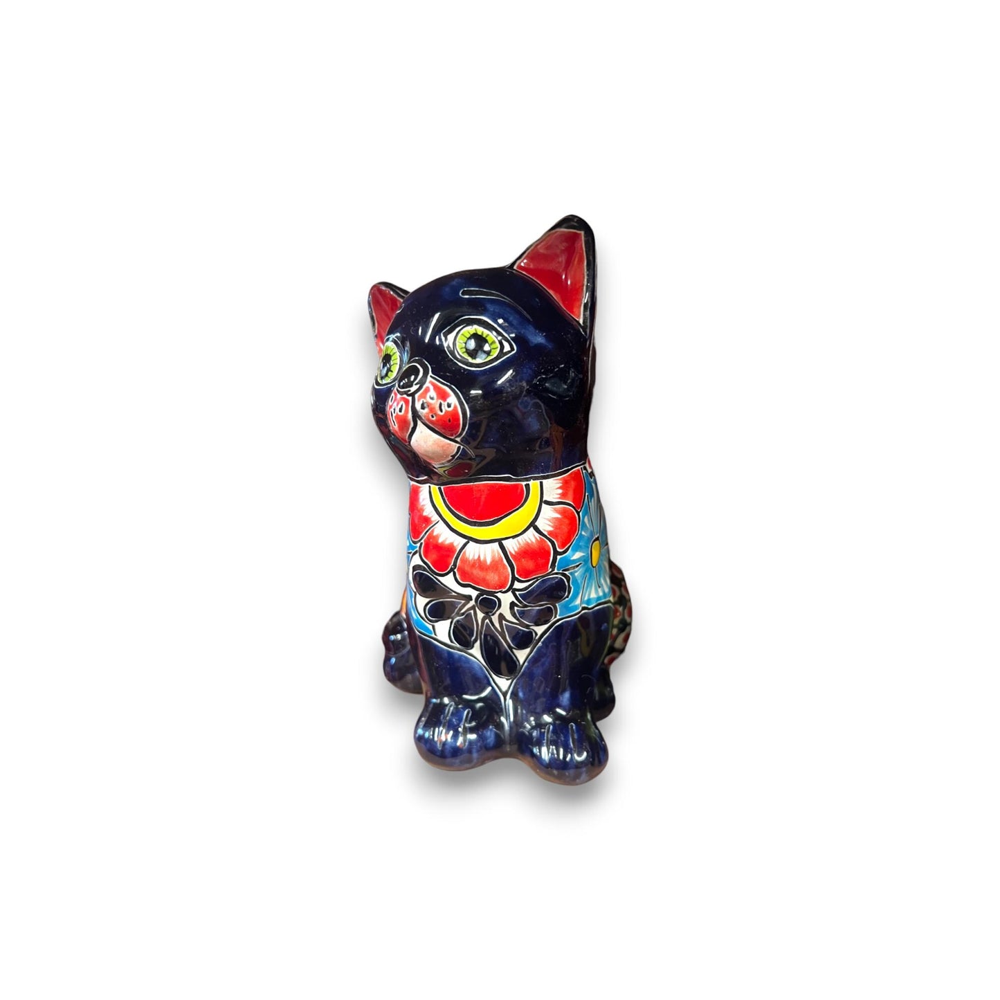 Hand-Painted Talavera Cat Statue | Medium Mexican Folk Art Cat Figurine