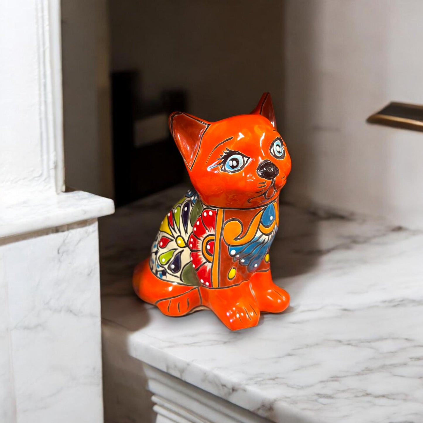 Hand-Painted Talavera Cat Statue | Medium Mexican Folk Art Cat Figurine