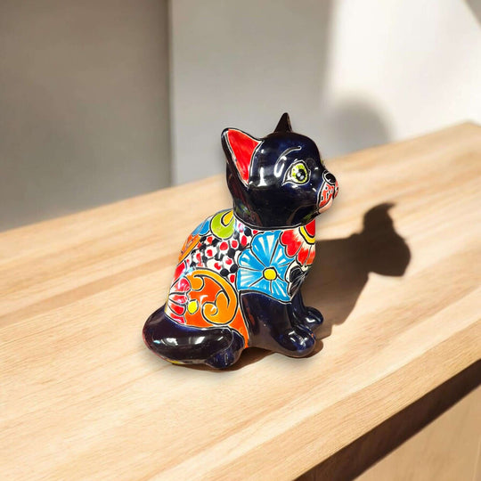 Talavera Cat Figurine | Hand-Painted Mexican Folk Art Home Decor - vibrant hand-painted black cat with orange red blue floral patterns