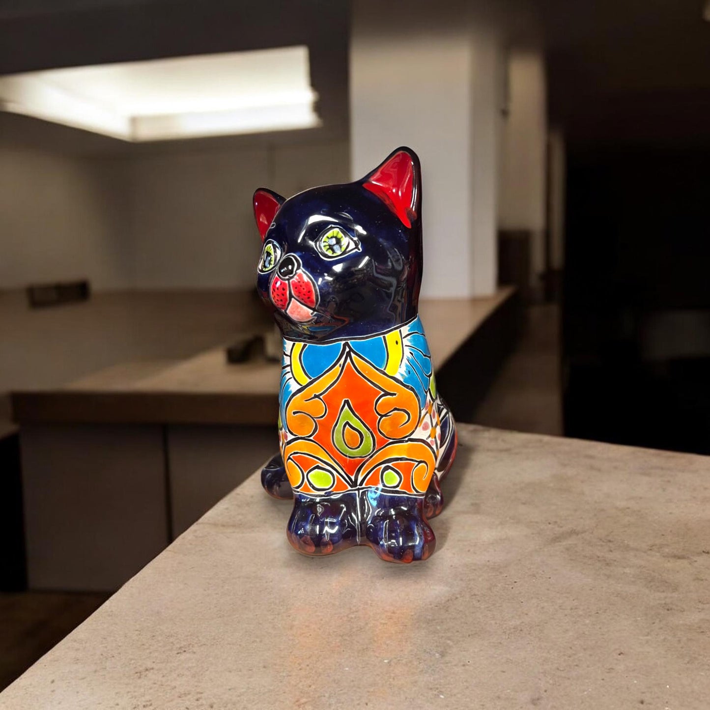 Hand-Painted Talavera Cat Statue | Medium Mexican Folk Art Cat Figurine