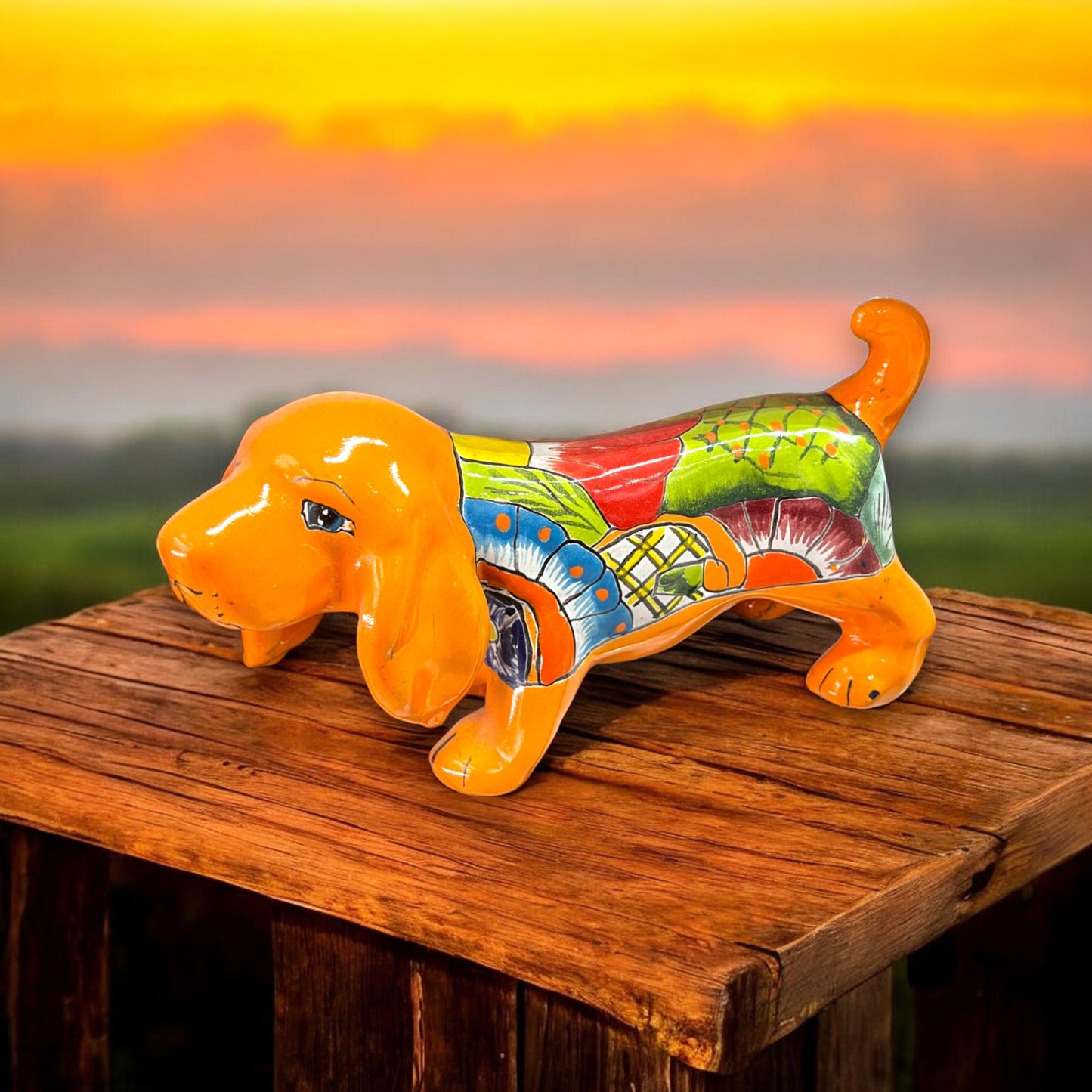 Hand-Painted Talavera Bloodhound Statue | Medium Mexican Ceramic Art