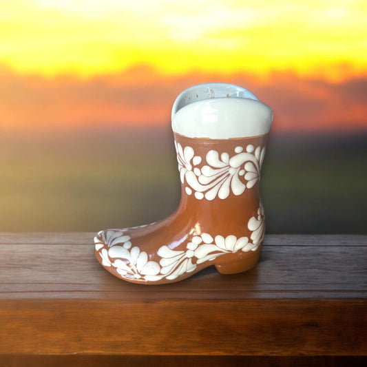 Hand-Painted Talavera Mexican Boot Flower Pot | Rustic Brown & White Design