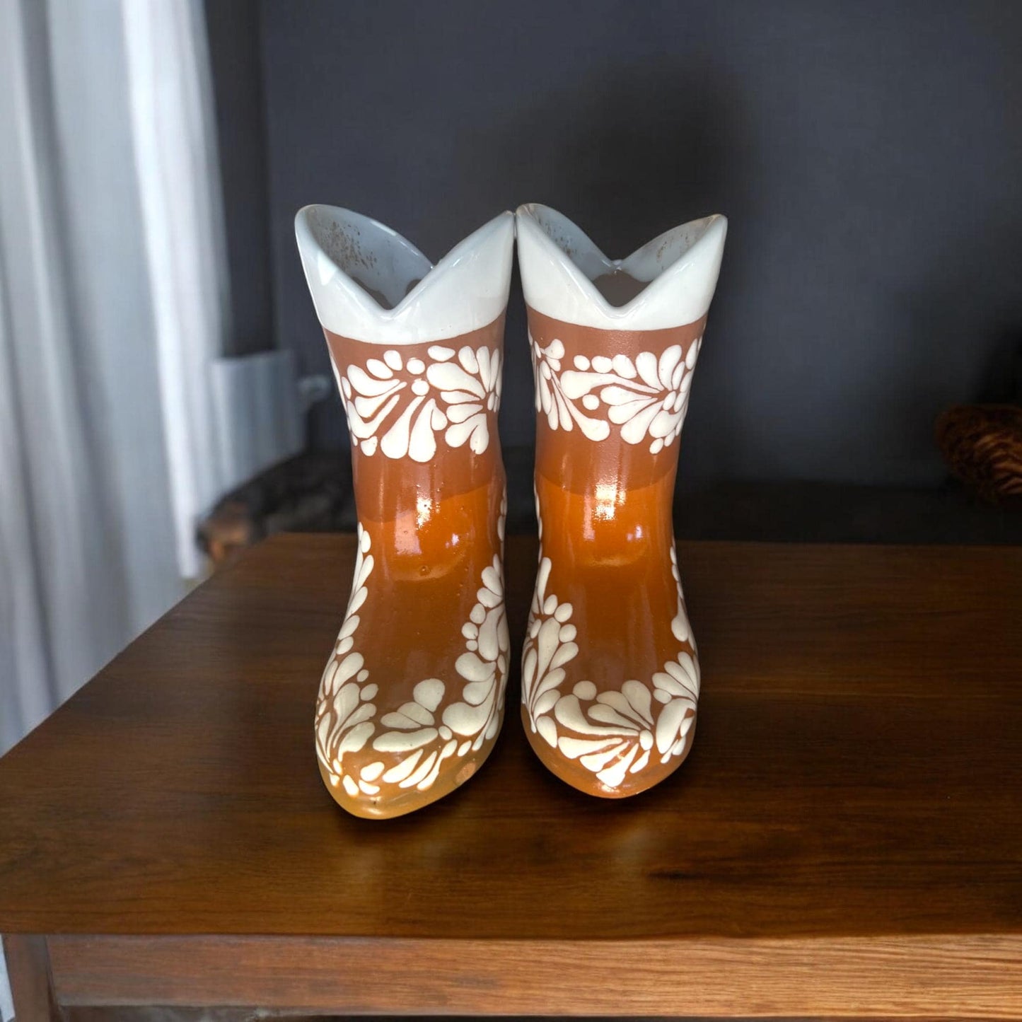 Hand-Painted Talavera Mexican Boot Flower Pot | Rustic Brown & White Design