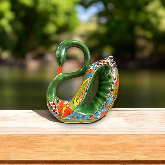 Colorful Hand-Painted Talavera Swan Statue | Mexican Ceramic Pottery (Small)