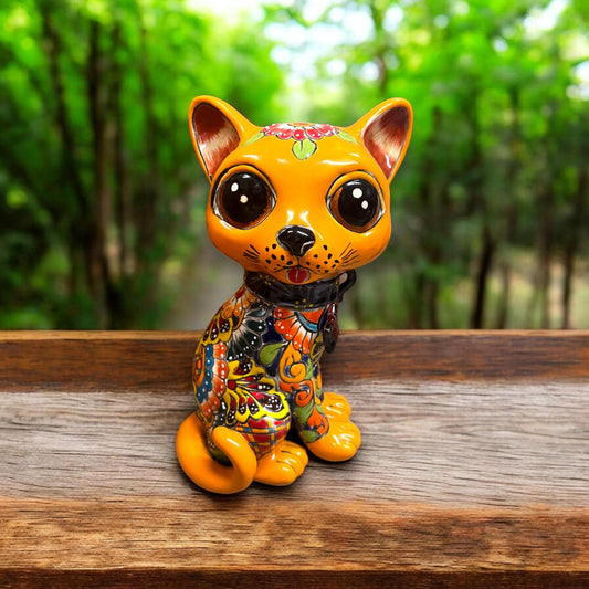 Hand-Painted Talavera Cat Sculpture | Mexican Folk Art Decoration (Medium)