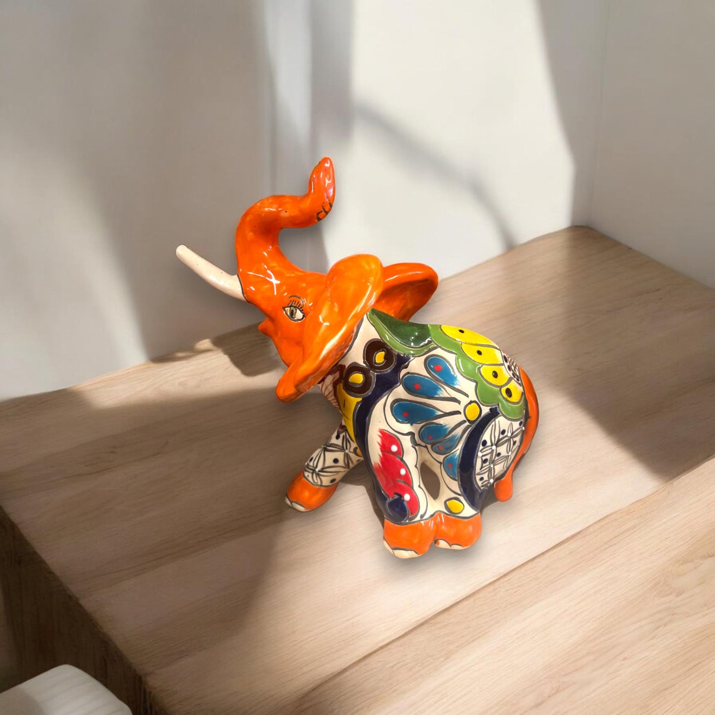 Vibrant Talavera Elephant Statue | Handmade Mexican Ceramic Art (Medium)