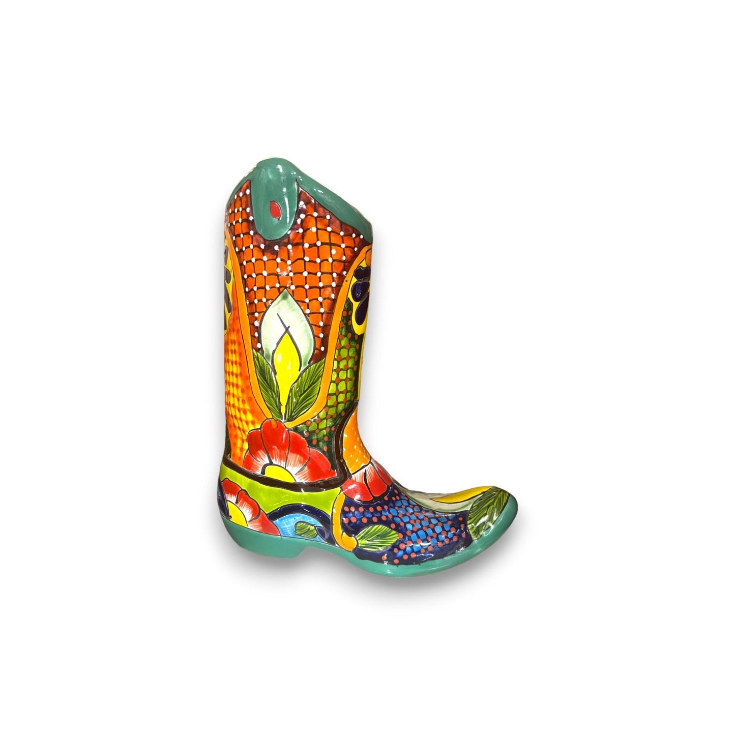 Hand-Painted Talavera Mexican Boot Flower Pot | Colorful Boot Statue Art