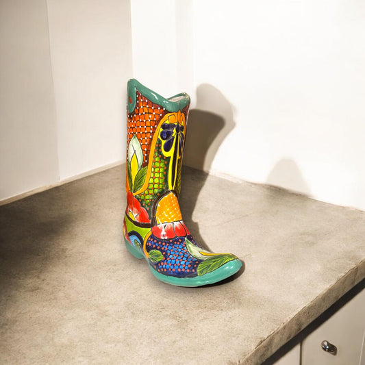 Hand-Painted Talavera Mexican Boot Flower Pot | Colorful Boot Statue Art