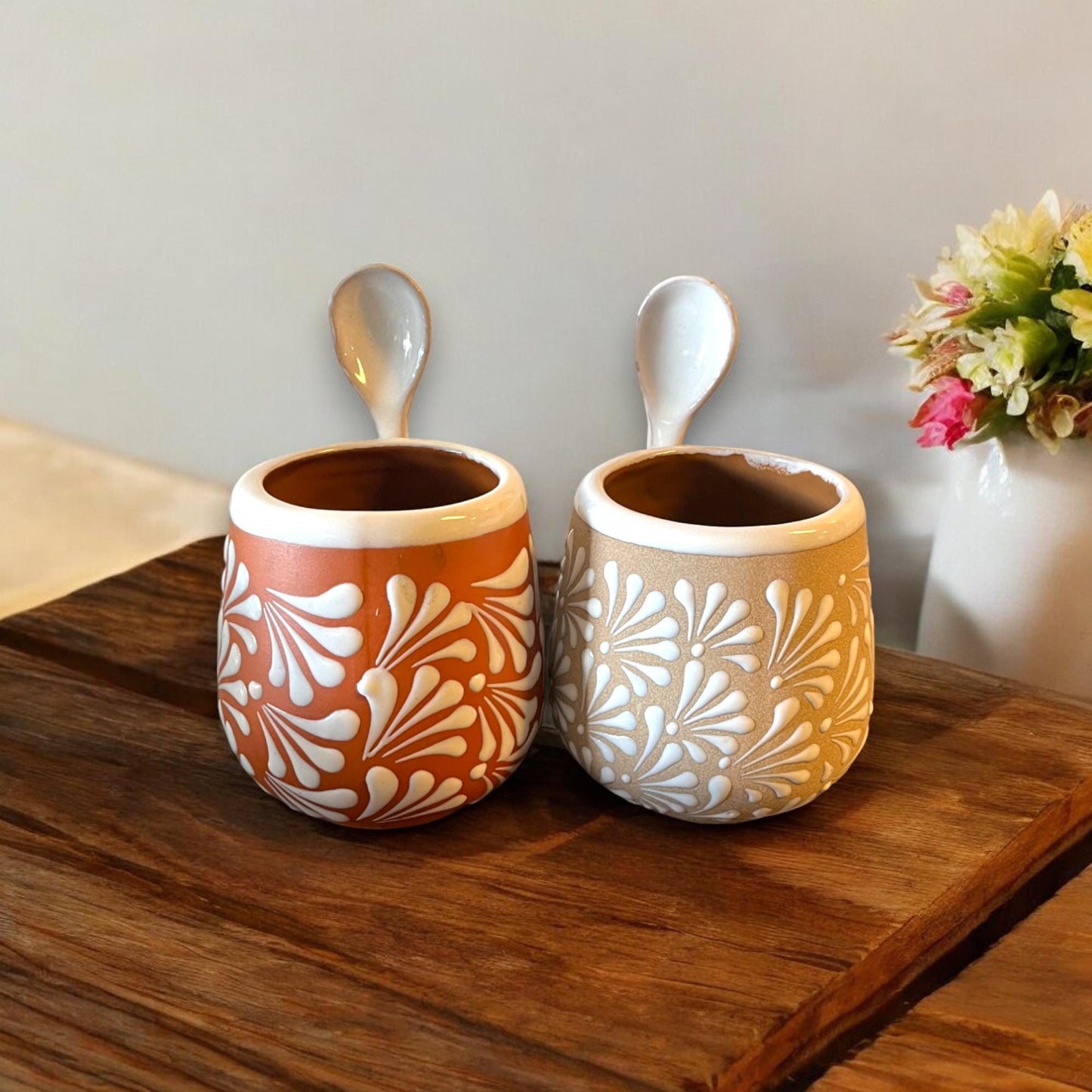 Handmade Talavera Mug with Spoon | Authentic Mexican Clay Jarritos 4-inch