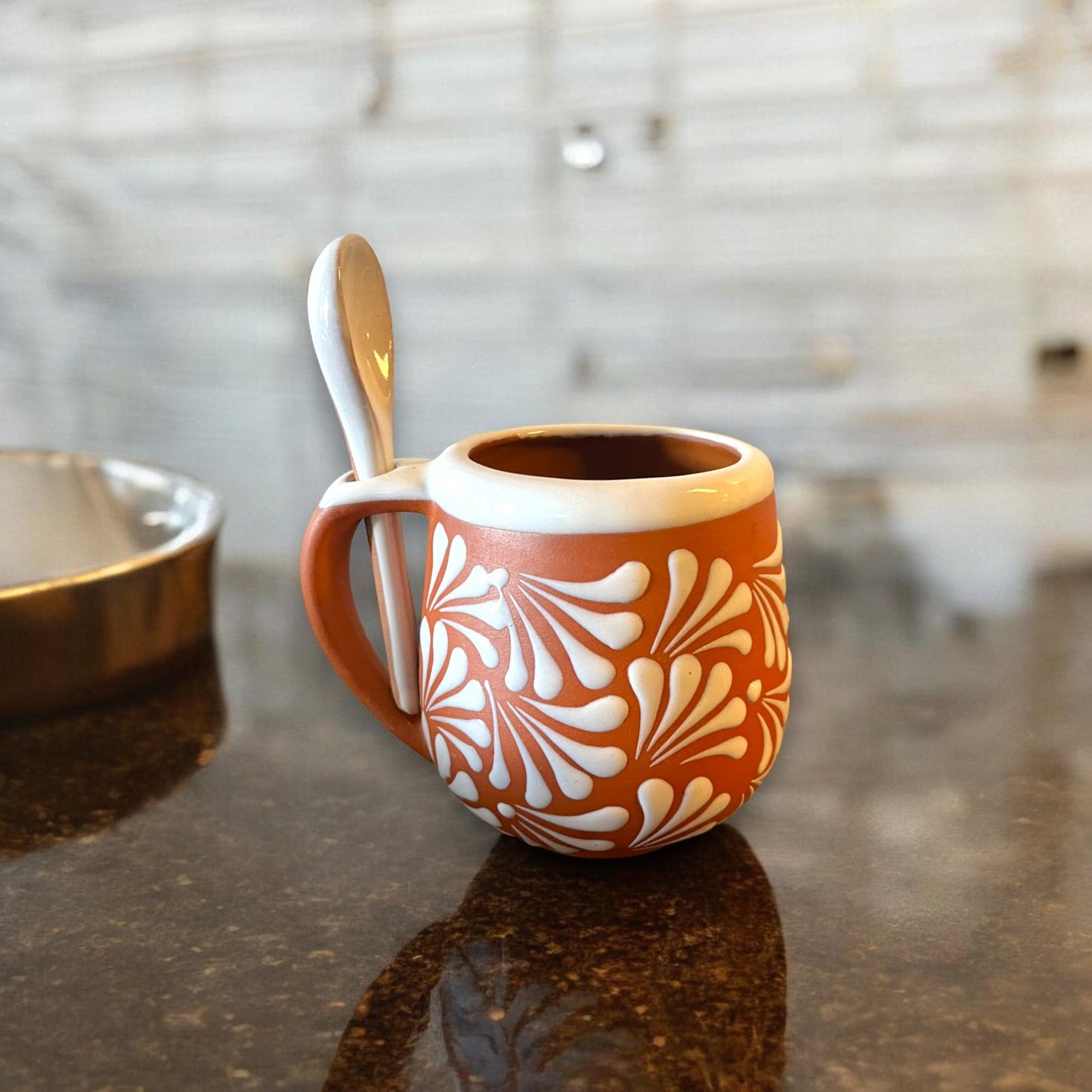 Handmade Talavera Mug with Spoon | Authentic Mexican Clay Jarritos 4-inch