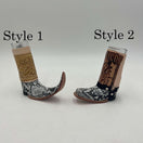 Cowboy Boot Shot Glass | Authentic Mexican Leather-Wrapped Glass - two hand-blown leather-wrapped boot shot glasses, Style 1 tan and Style 2 brown